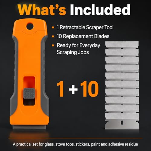 Razor Blade Scraper with 10 Metal Blades – Glass Stovetop Window Cleaner Tool
