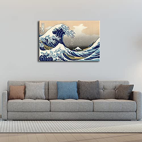 Wieco Art Great Wave of Kanagawa Katsushika Hokusai Giclee Canvas Prints Wall Art Abstract Seascape Pictures Paintings for Living Room Home Decorations Large Modern Stretched and Framed Sea Artwork - size: 36"L x 24"W