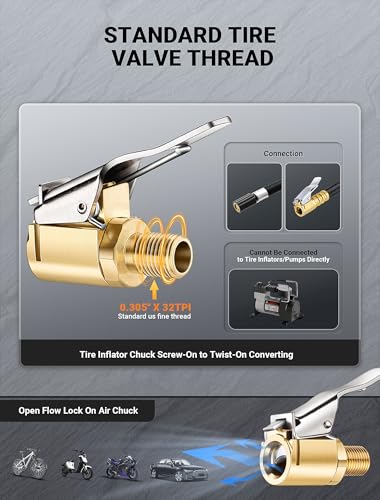 2 Pcs Brass Locking Tire Air Chuck, Tire Inflator Hose Adapter for Twist On Connection Convert to Lock On, No Air Leakage Air Compressor Pump Clip On Tire Chucks, Tire Nozzle with Tire Valve Thread - size: Thread Connector 2pcs