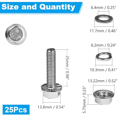 25 Sets M6-1.0 x 25mm Flanged Hex Head Bolts and Nuts Kits - size: M6-1.0 x 25mm