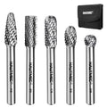 HAUTMEC 5Pcs Tungsten Carbide Rotary Burr Bit YG6, 1/4" Shank Double Cut Die Grinder Bit with Belt Pouch, Low Vibration Precision Rotary File for Metal Grinding, Engraving & Deburring (8MM), HT0455 - color: 5Pcs Set, size: 8mm