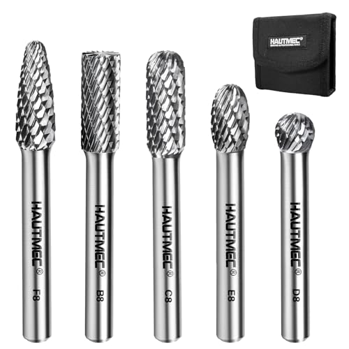 HAUTMEC 5Pcs Tungsten Carbide Rotary Burr Bit YG6, 1/4" Shank Double Cut Die Grinder Bit with Belt Pouch, Low Vibration Precision Rotary File for Metal Grinding, Engraving & Deburring (8MM), HT0455 - color: 5Pcs Set, size: 8mm