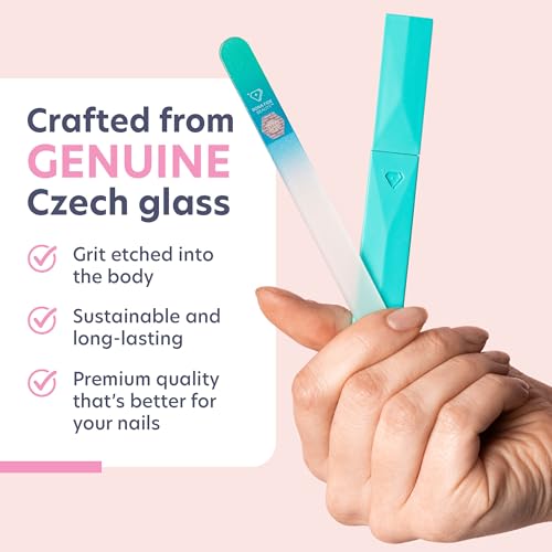 Bona Fide Beauty Glass Nail File with Case (Aqua), Fine Grit Etched File | Genuine Czech glass nail file for natural nails, etched fine grit nail filer, gentle nail care, reusable nail file - color: Aqua
