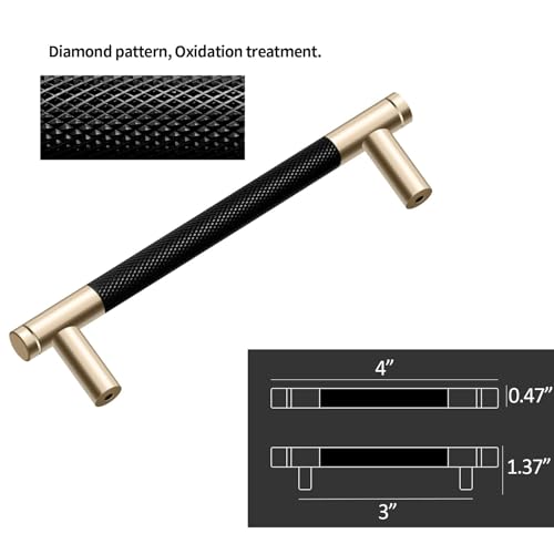 12 Pack 3 Inch 76 mm Knurled Cabinet Handles Cabinet Pulls Aluminum Handles Pulls Gold and Black Oxidation Finish with Diamond Pattern 4" Length (3" Hole Center) - color: Gold and Black, size: 3 Inch