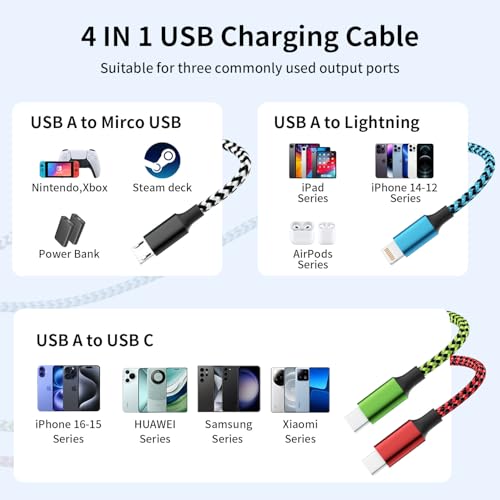 4 in 1 Charging Cable, Mulit Charging Cable for Multiple Devices, 2Pack 5FT - color: Red&Black