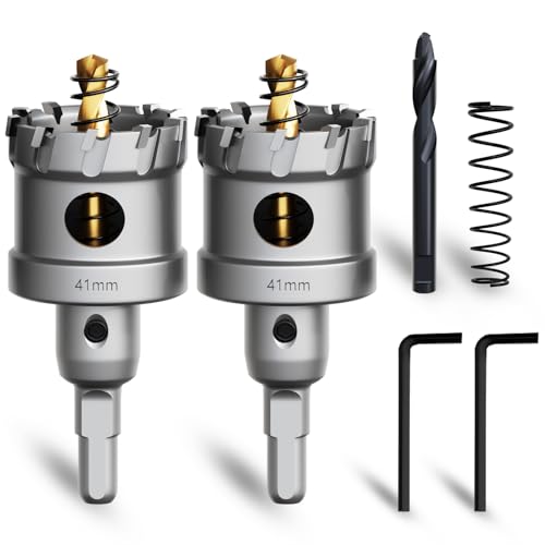 Metal Hole Saw 1-5/8''(41mm) 2Pcs Set Heavy Duty Tungsten Carbide Tipped Hole Cutters Set with a nitrided Step Drill and L-flench, for Steel Iron,Aluminum,Stainless stell,Plastic - size: 1-5/8''(41mm)-2PCS