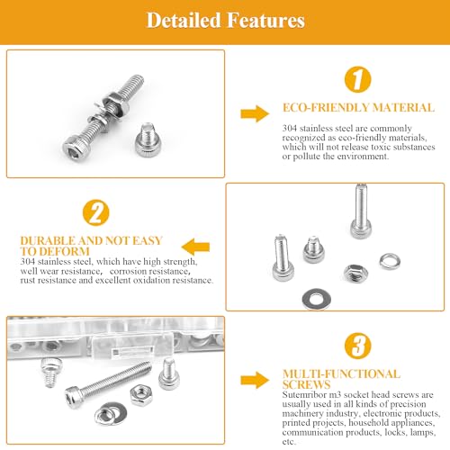 565 Pieces M3 Screws Nuts Washers Set, Sutemribor M3 x 4/6/8/10/12/16/20mm Hex Socket Head Cap Screws Nuts Washers Assortment Kit, 304 Stainless Steel, Fully Threaded - size: M3, style: Socket Head