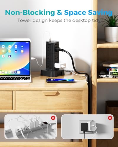 Charging Station Tower, 10Ft Power Strips with Surge Protection, Flat Plug - color: Black, size: 10 FT