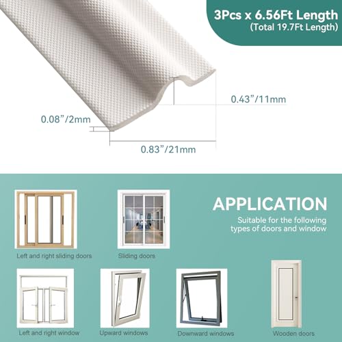 MOPMS Draft Stopper Sweep, Door Weatherproofing Stripping, Window Seal Strip Self-adhisive Soundproof Cuttable Weather Length 19.7 Ft (3 Pcs x 6.56 Ft), White - color: White, size: 19.7 ft (3 pcs)