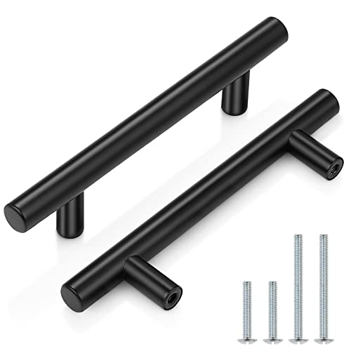 Probrico 5 Pack|3-1/2 Inch Black Cabinet Pulls Stainless Steel Kitchen Cabinet Handles, Round T Bar Cupboard Furniture Hardware,Drawer Dresser Closet Pulls Wardrobe Handles,Total Lenght:6 Inch - color: Black, size: hole center 3-1/2"