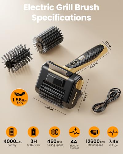 Cordless Electric Grill Brush with LED Light and Front Scraper, Gold - color: Gold