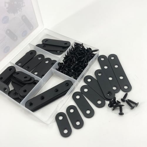 QSJ 40 Pack Black Corner Braces Flat Bracket Set 1.42/1.81/2.2/3inch Stainless Steel Metal Plate for Wood - size: 40Pcs Bracket Set (Strip-1.42/1.81/2.2/3'')