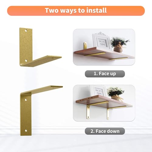 Gold Heavy Duty Shelf Brackets 4 Inch, Rustic Gold Iron L Shelf Bracket, Industrial Modern Metal Floating Shelf with Hardware for DIY Open Shelving, 4 Pack - color: Gold, size: 4 Inch