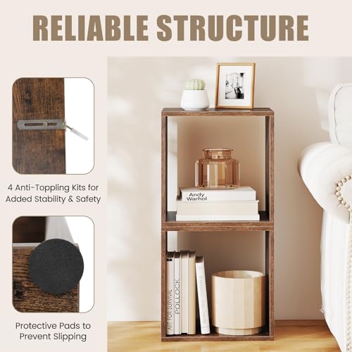 2 Stackable Cubes Bookcase, Wooden Cubby Storage Organizer - color: Rustic Brown