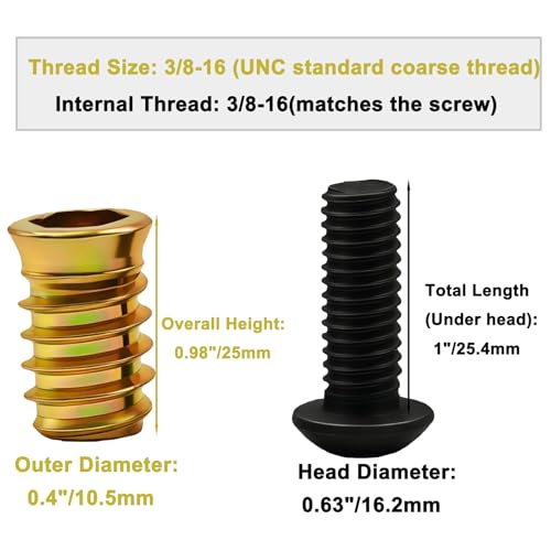Furniture Fastener Kit – 25 Inserts (3/8"-16 x 25 mm) + 25 Bolts (1") with 10 mm Hex Wrench, Heavy Duty for Wood Repair & Assembly - size: 3/8"-16 × 25 mm(Inserts) + 3/8"-16 × 1"(Bolts)