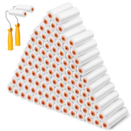 100 Pcs 4 Inch Foam Paint Roller with 2 Handles, Mini High Density Foam Roller Refills Paint Edger Tool for Walls Brings Smooth Finishes Flat Surfaces (White)