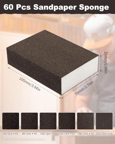 Rocaris 60 Pack Sanding Blocks, 60, 80, 100, 120, 180, 220 Grit