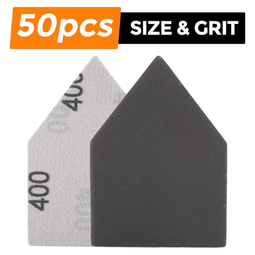 POLIWELL Silicon Carbide Sandpaper 50PCS 90mm x 65mm Triangle Sanding Sheets Hook & Loop 400 Grit Replace Milwaukee M12 Orbital Detail Sander for Wood Finishing, Detail Sanding - size: 400 Grit