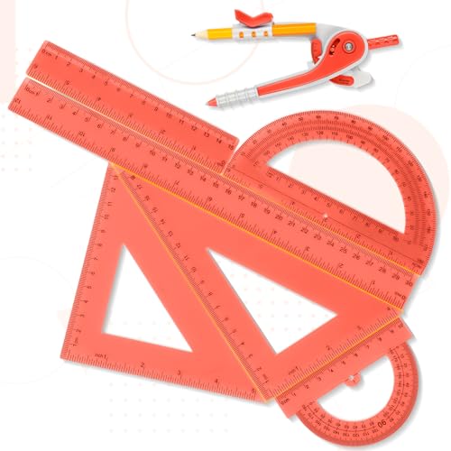 Zonon 7 Pcs Geometry Math Set with Compass Protractor Rulers, Orange - color: Orange