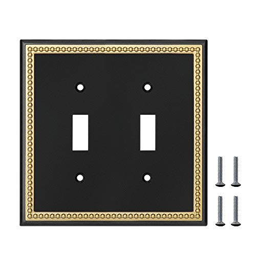 Pearled Frame Decorative Wall Plate Switch Plate Outlet Cover (Double Toggle, Black & Dark Golden) - style: Double Toggle