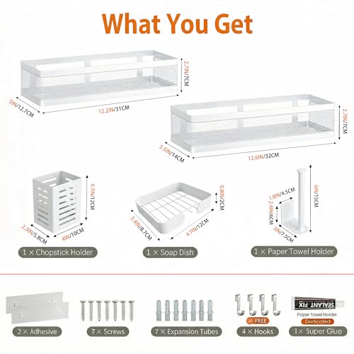 PUSDON 5-in-1 Wide Wall Mount Wrapped Mesh Kitchen Organizer & Shower Caddy Kit, with Paper Towel Holder, Utensil Holder, Soap Dish, Heavy Duty 50LBS - White, Netting - color: White, size: 5-in-1 Full Mesh (12.6" Wide)