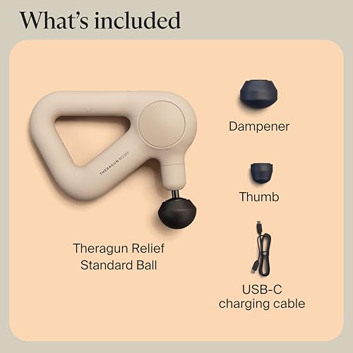 TheraGun Relief by Therabody - Easy-to-Use, Comfortable & Light Handheld Percussion Massage Gun for Everyday Pain Relief Massage Therapy in Neck, Back, Leg, Shoulder and Body (Sand) - color: Sand - 3 Attachments