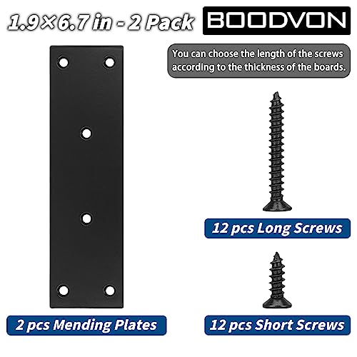 Mending Plate, Metal Steel Flat Straight Brace Bracket, Black Double-Wide Joining Plate for Wood Furniture Fastening & Fixing with 2 Sets of Screws of Different Lengths(48x169mm, 2 Pack) - size: 1.9 × 6.6 inches