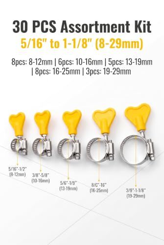 30 PCS Thumb Screw Hose Clamp for Fuel Lines 5/16" to 1 1/8" Yellow