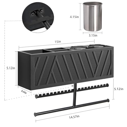 Rustic Hair Dryer Holder Wall Mounted with Towel Rack - color: Black.A