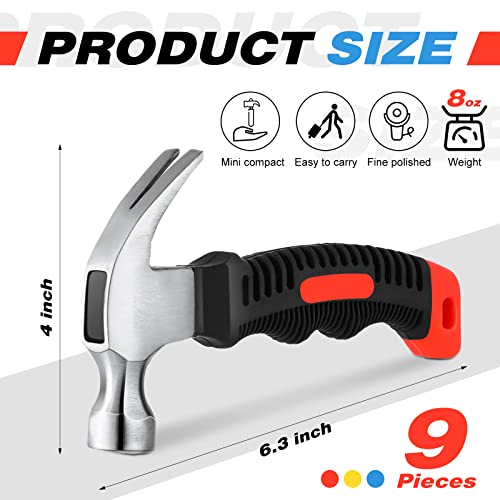 Therwen 9 Pcs Small Claw Hammer Bulk 8 Oz Small Stubby Hammers Mini Stubby Claw Hammer Multifunction Hammers Tool with Soft Rubber Handle for Home Repair DIY Building Woodwork Camping 3 Colors