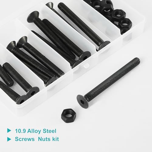 30PCS M8 x 50mm 60mm 70mm 80mm, Flat Head Hex Socket Cap Screws Countersunk Bolts Nuts Kit, 10.9 Grade Alloy Steel, Black Oxide Finish, Metric Allen Drive, Fully Threaded - size: M8x50/60/70/80mm