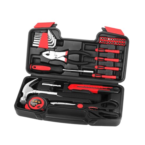 HANGYING 39-Piece Household Tools Kit, Red Home Tool Set with Storage Case - color: Red