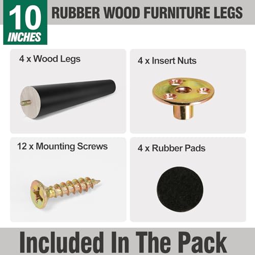 FoDau770 Rubber Wood Legs 10", Straight Taper, 5/16"-18 Thread, Black, 4pcs | Wood Couch legs - Mid Century Sofa Legs - Furniture legs Replacement for Cabinet Dresser Chair Ottoman - color: Black, size: 10 Inch - Straight (90°)