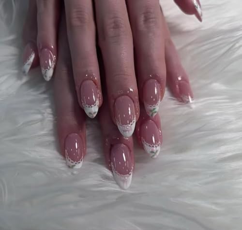 CurvLife Soft Gel Almond Press On Nails Medium, Long-Lasting Reusable Fake Nails Kit with Glue & Tabs, 30pcs Salon-Quality Stick On Nails for Women At-Home Manicure (Lace Bloom) - color: A7 - Lace Bloom