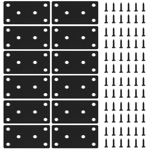 12 PCS 3.15'' x 1.57'' Stainless Straight Flat Brackets, Black Flat Metal Brace Bracket, Support Flat Metal Brace for Wood Furniture, Mending Plate Connector Joining Bracket for Fence,72 Screws - size: 3.15 x 1.57 in