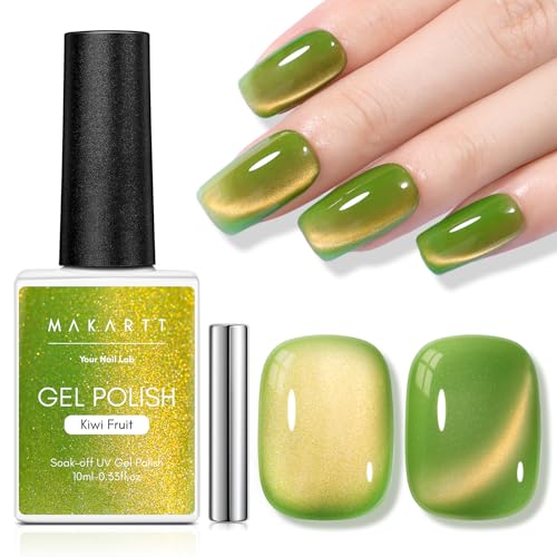 Makartt Cat Eye Gel Nail Polish - 10ml Premium Holographic Magnetic Gel with Magnet Stick, Shimmery Galaxy Effect, Long-Lasting Soak Off UV for Salon & Home DIY - Kiwi Green - color: Kiwi Fruit