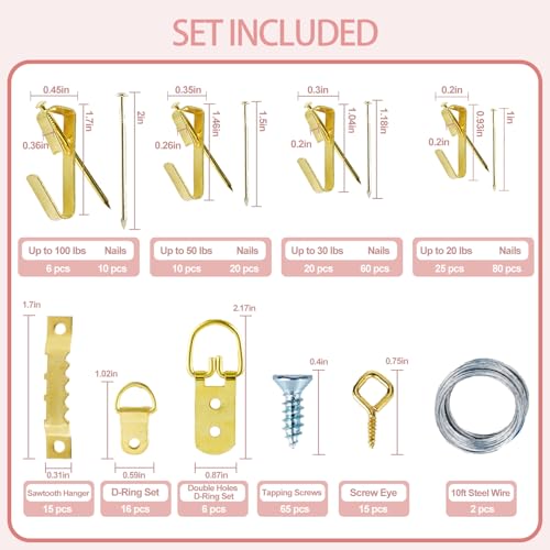 Picture Hanging Kit Tool, 352pcs Hanging Hardware with Heavy Duty Frame Hooks, Wire, Nails, D Rings, Photo Sawtooth Hangers, Wall Art Hanging Kit with Laser Level, Pink Claw Hammer