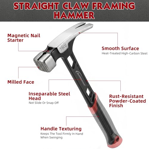 16 oz Straight Rip Claw Hammer with Milled Face & Shock Reduction Grip, Magnetic Nail Holder, Heavy Duty One-piece Forged Hammer (16oz)