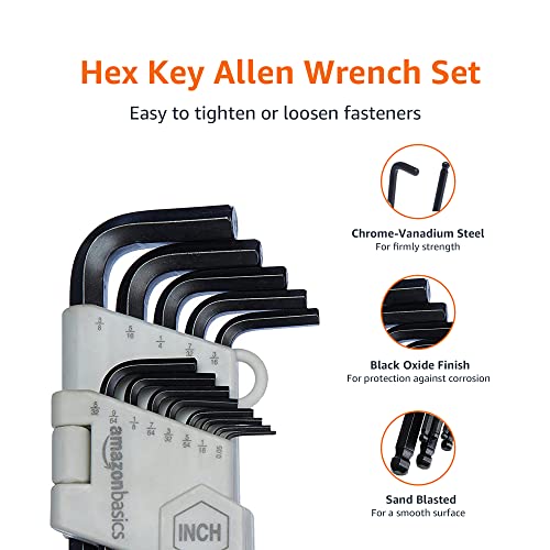 Amazon Basics Hex Key Allen Wrench, Long Arm, Ball End, Metric and Standard Sizes, Chrome Vanadium Steel, 26-Piece with Storage Case