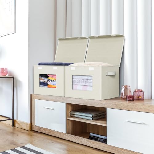 Univivi Fabric Storage Bins with Lids for Clothes 4 Pack, Beige Linen - color: Linen Beige
