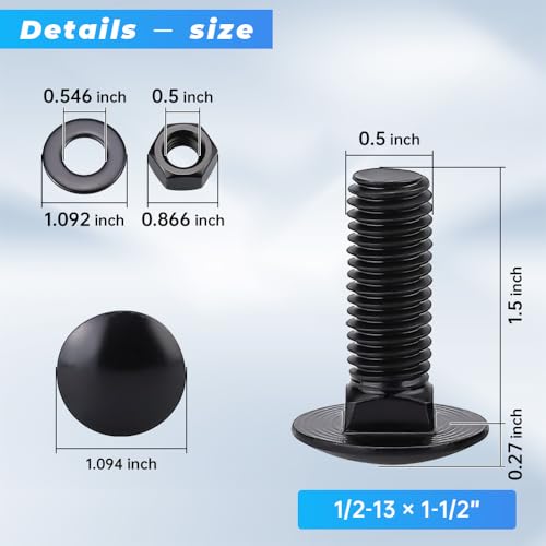 Glvaner (6 Sets) 1/2-13 x 1-1/2" Stainless Steel Carriage Bolts Screws Black and Hex Nuts & Flat Washers Black, Round Head Square Neck, 304 Stainless Steel 18-8, Full Thread Coverage - size: 1/2-13 x 1-1/2"