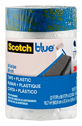 ScotchBlue Pre Plastic Painters Tape, 24 in x 30yd, Tape & Masking Film Combined in One Product, Static Cling to Stay in One Place, No Residue Masking Tape, Film Unfolds to 24" Wide (PT2093EL-24) - size: 24" Width, style: No Dispenser
