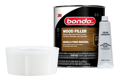 3M Bondo Wood Filler 30 oz (850.49 g) with Bondo Cream Hardner 0.5 oz (14g), Repairs Chips and Cracks in Wood, Sandable, Paintable, and Stainable (WF-QT-ES)