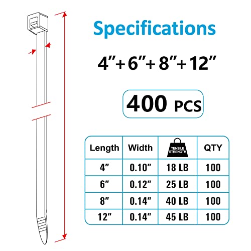 Zip Ties Assorted Sizes(4”+6”+8”+12”), 400 Pack, Black Cable Ties, UV Resistant Wire Ties by ANOSON - size: 4"+6"+8"+12"/400 Pack