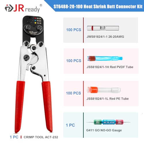 JRready ST6488-20-100 Heat Shrink Butt Splice Connectors 100 Sets 26-20AWG Butt Crimp Splices with PVDF Tubes Waterproof Environmental Splice Connectors with ACT-232 Crimp Tool G411 Go-No Go Gauge - color: 20#Red-100Sets