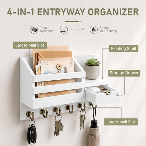 FifthQuarter Key and Mail Holder Wall Mount with Drawer and 6 Sturdy Hooks - color: A-White
