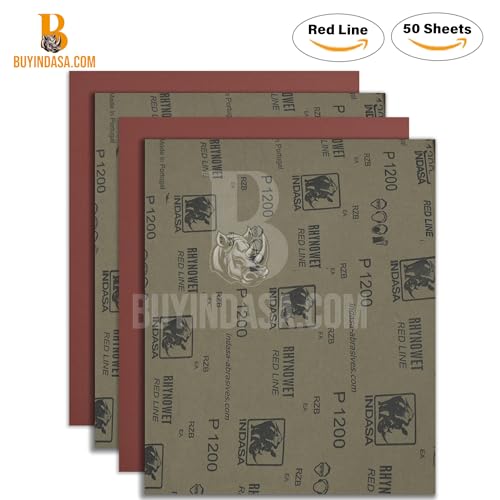 Indasa 50 PCS Redline Full Sheets 9"x11" Wet & Dry Sanding Sheets Series 6 – Rhynowet – 1500-Grit – Waterproof Latex Backing, Silicon Carbide - size: 1500-Grit 9"x11" Silicon Carbide