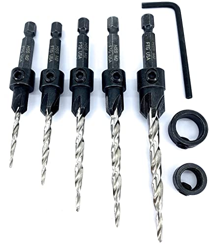 FTG USA 5 Pc Wood Countersink Set #4#6#8#10#12 w/ 2 Depth Stop Collars - size: #4#6#8#10#12, style: with Depth Stop