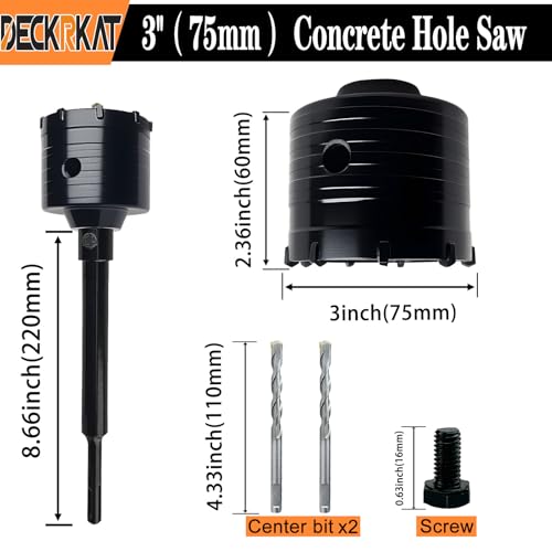 DECKRKAT 3" Concrete Hole Saw Kit,Electroplated Black Quenching Tech,Heavy-Duty Thickened Alloy Teeth,SDS Plus Shank & 2 Center Bits for Concrete,Brick,Stone. - size: (75mm)3"
