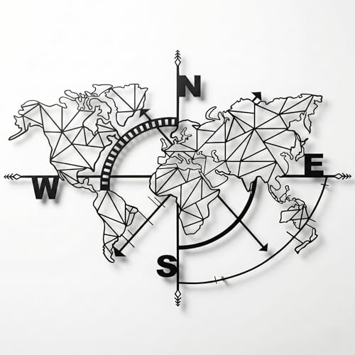 Metal World Map Compass Metal Wall Decoration Metallic Sign World Map Art Metal Wall Art Wall Decoration 46"W x 36"H / 117x91 cm - size: 46"L x 36"W